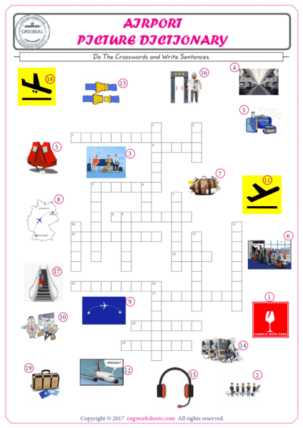  ESL printable worksheet for kids, supply the missing words of the crossword by using the Airport picture. 